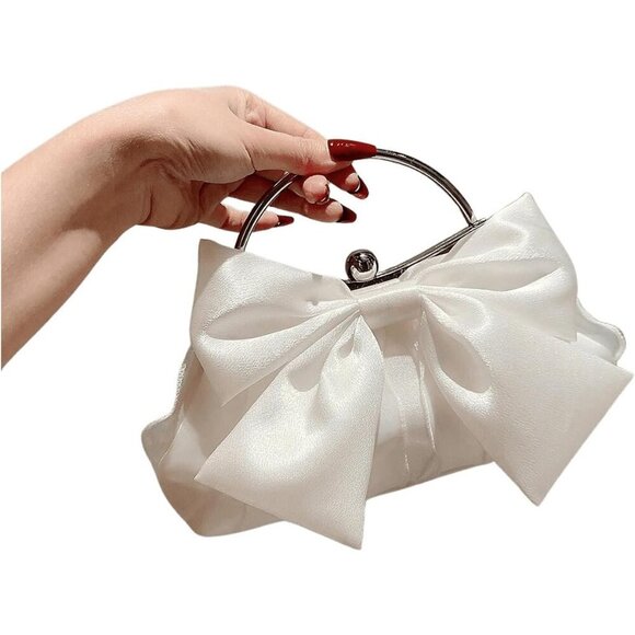Women's White Polyester Cute Bow Decor Clutch Evening Crossbody Purse - Picture 7 of 7